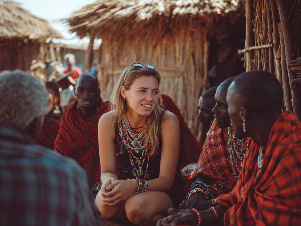 Guests talking with Maasai community members during a village visit