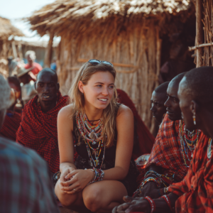 Guests talking with Maasai community members during a village visit