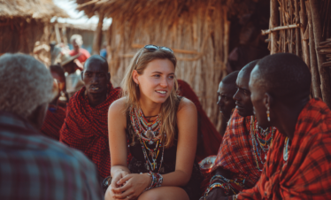 Guests talking with Maasai community members during a village visit