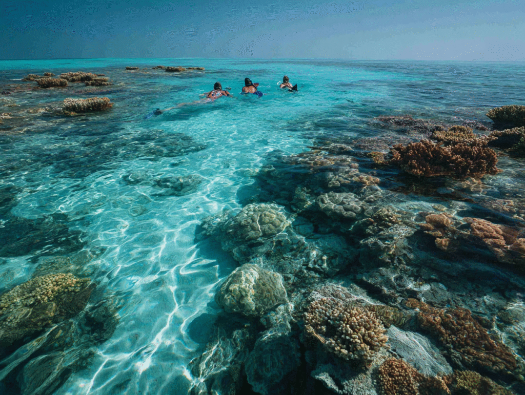 Snorkeling above coral reefs at Mnemba Atoll in Zanzibar