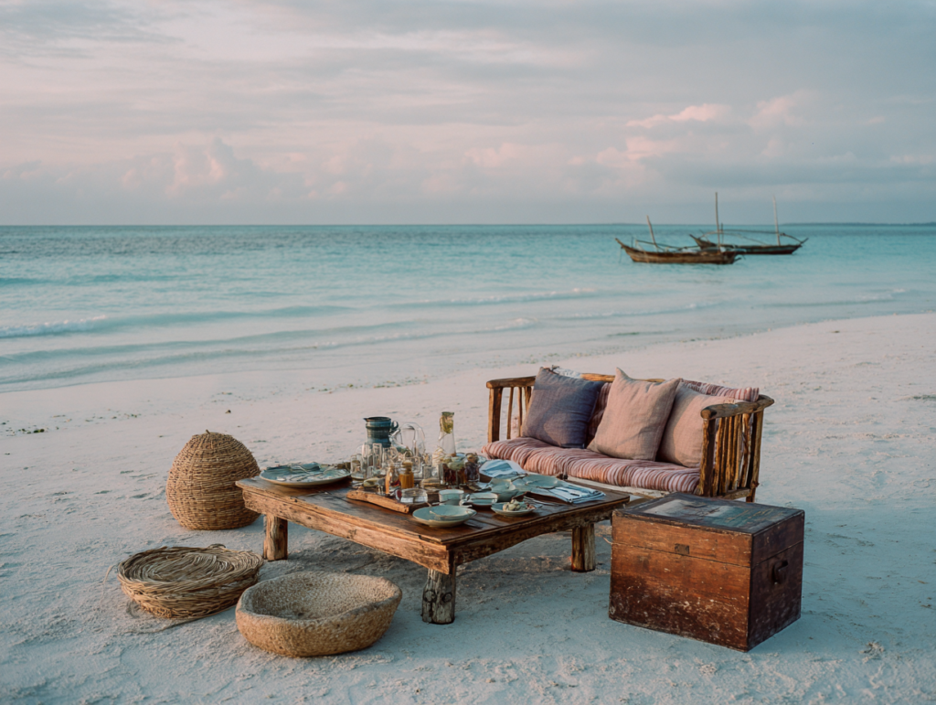 Private beach picnic setup on a secluded Zanzibar beach in the evening