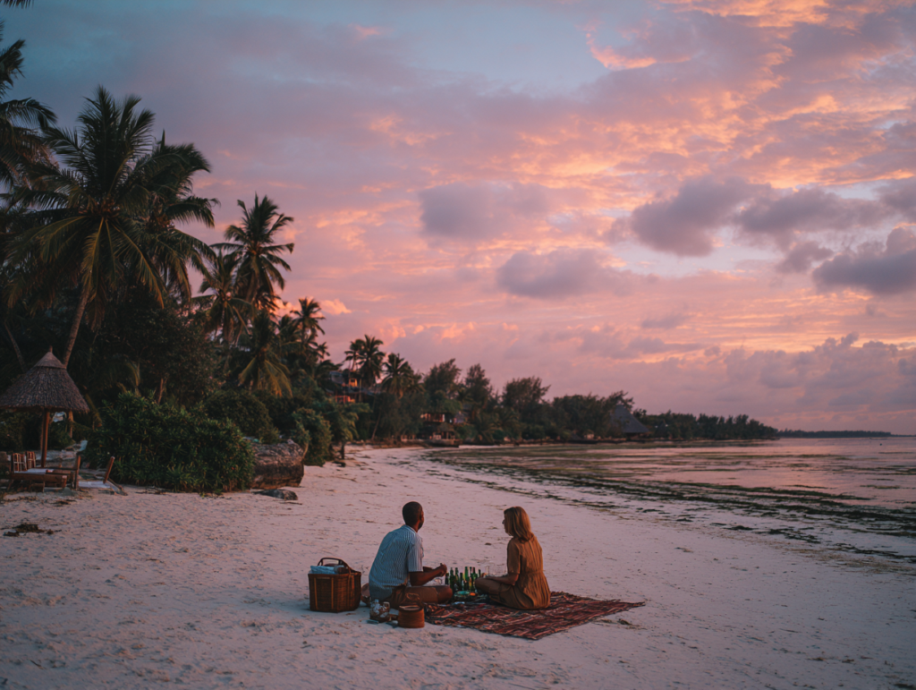 Couple enjoying a private beach picnic in Zanzibar at dusk