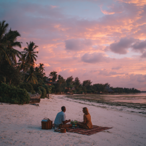 Couple enjoying a private beach picnic in Zanzibar at dusk
