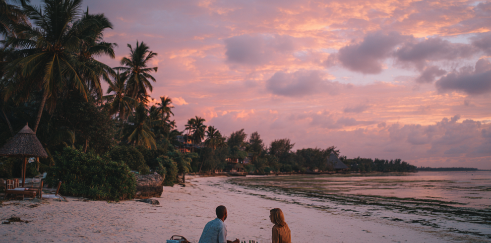 Couple enjoying a private beach picnic in Zanzibar at dusk