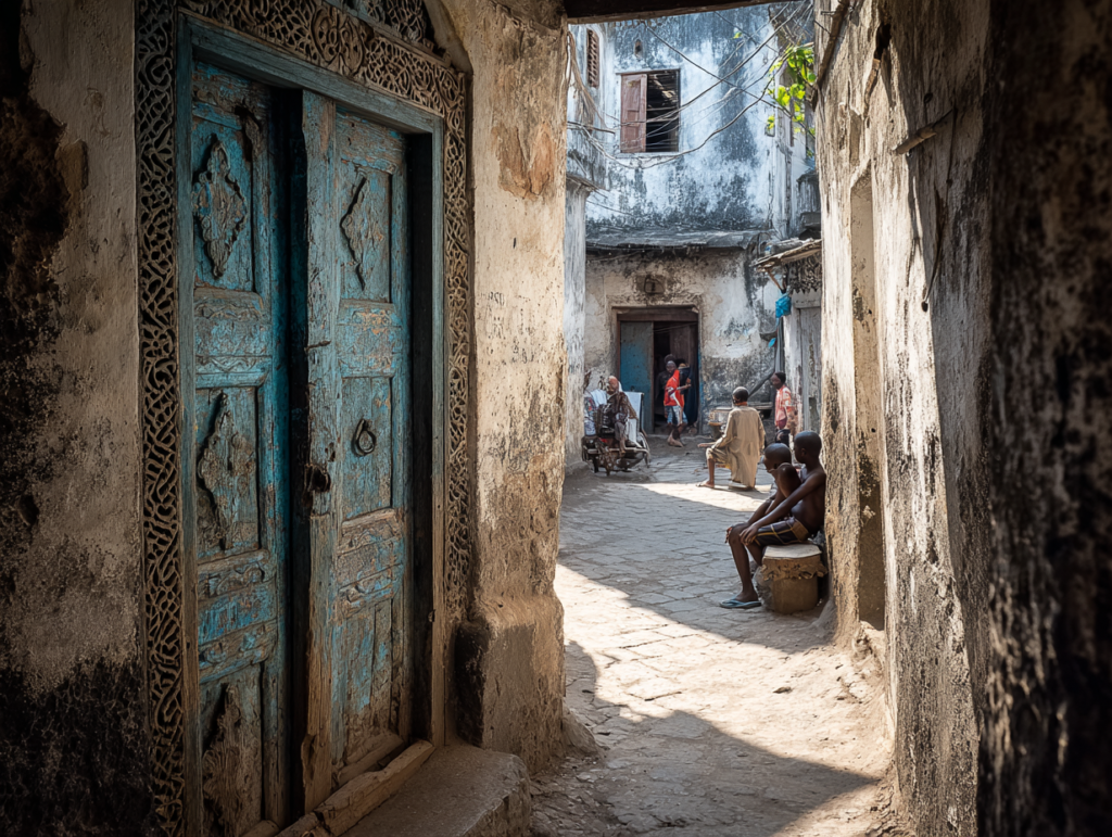 Narrow Stone Town alley with carved wooden doors in Zanzibar