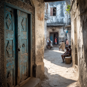 Narrow Stone Town alley with carved wooden doors in Zanzibar
