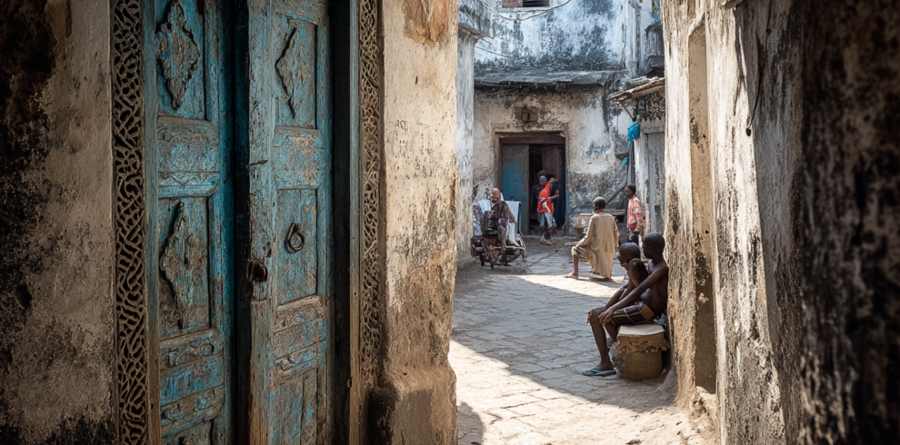 Narrow Stone Town alley with carved wooden doors in Zanzibar