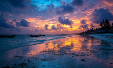 Sunset light reflecting on wet sand at a Zanzibar beach