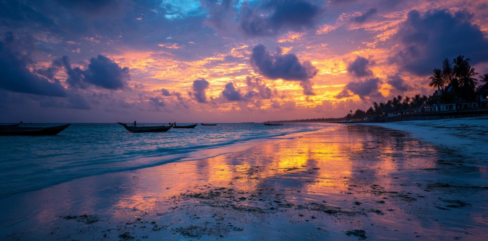 Sunset light reflecting on wet sand at a Zanzibar beach