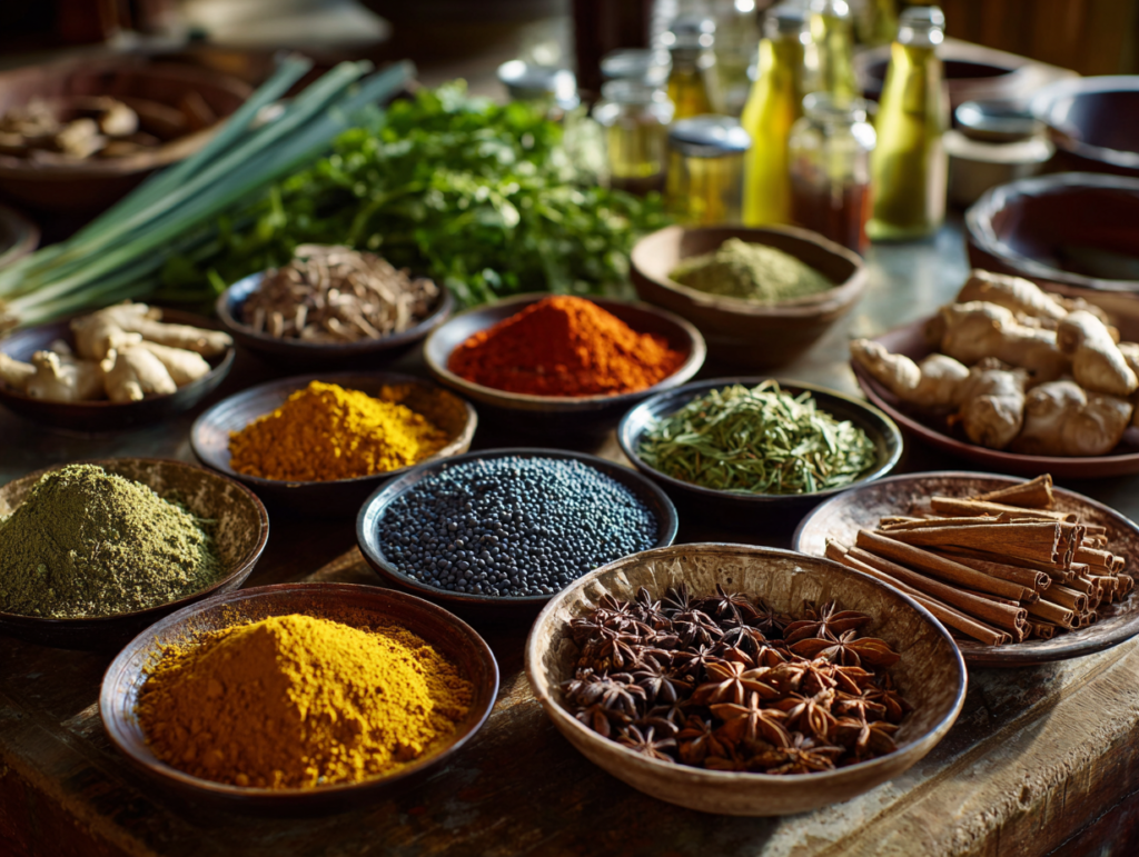 Swahili spices and fresh ingredients prepared for cooking in Zanzibar