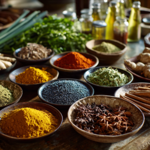 Swahili spices and fresh ingredients prepared for cooking in Zanzibar