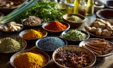 Swahili spices and fresh ingredients prepared for cooking in Zanzibar