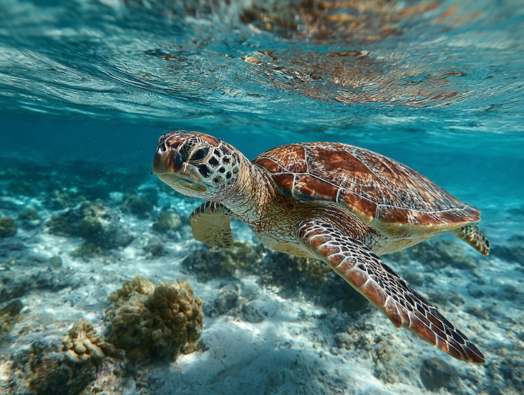 Sea turtle swimming calmly during an ethical swimming with turtles experience in Zanzibar