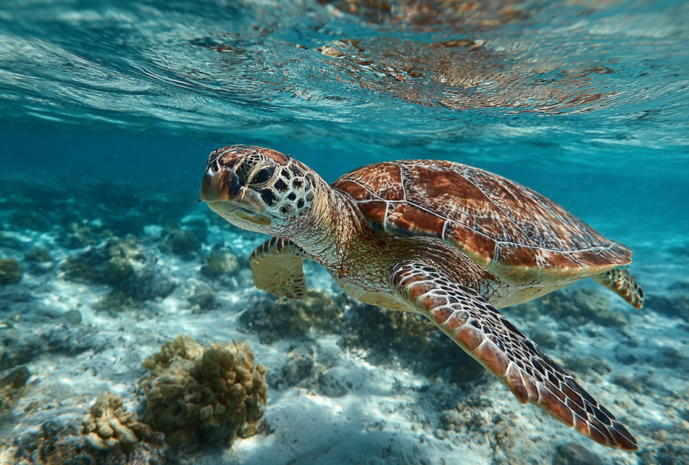 Sea turtle swimming calmly during an ethical swimming with turtles experience in Zanzibar, one of the top activities included in a 5 day Zanzibar trip cost.
