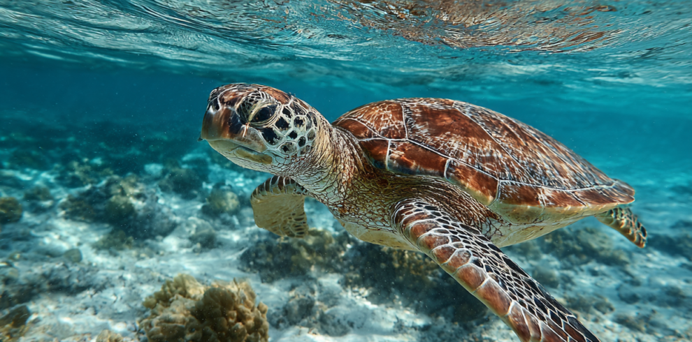 Sea turtle swimming calmly during an ethical swimming with turtles experience in Zanzibar