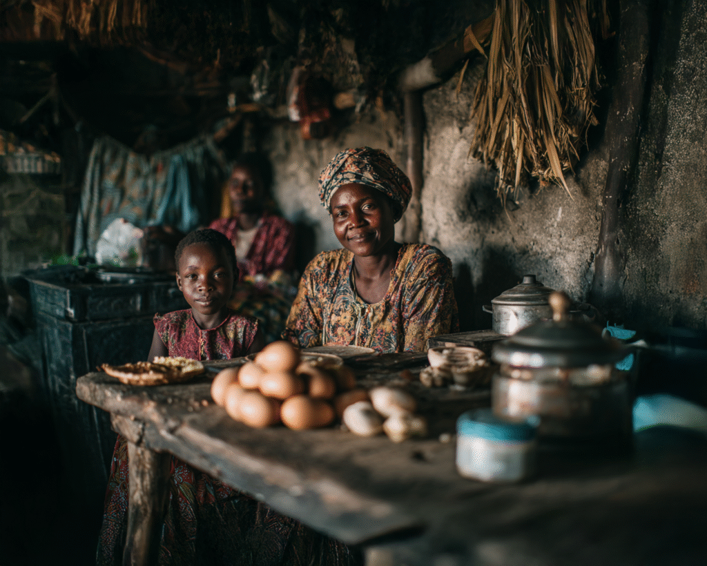 Tanzanian mother and child seated at a wooden table inside a traditional rural kitchen, sharing everyday life and food as part of an authentic cultural experience.