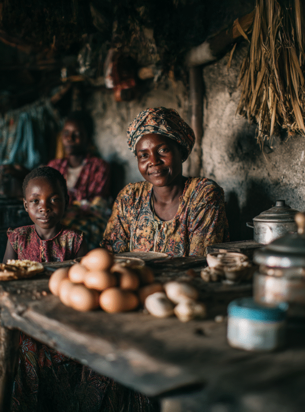 Tanzanian mother and child seated at a wooden table inside a traditional rural kitchen, sharing everyday life and food as part of an authentic cultural experience.