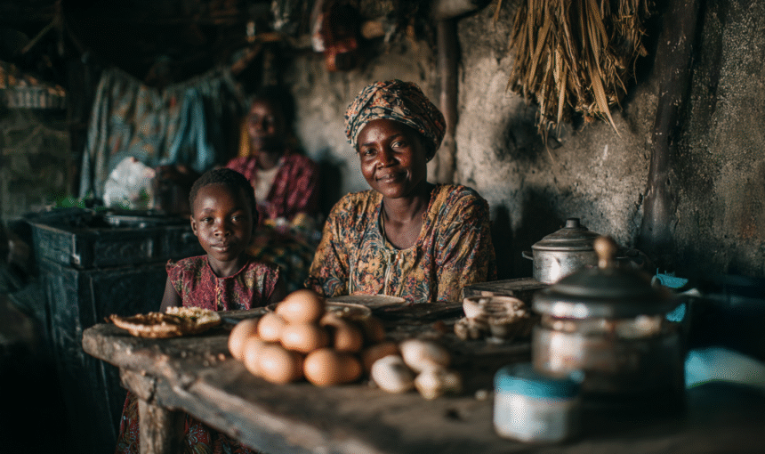 Tanzanian mother and child seated at a wooden table inside a traditional rural kitchen, sharing everyday life and food as part of an authentic cultural experience.