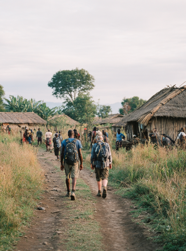 Travelers walking through a Tanzanian village with a local guide