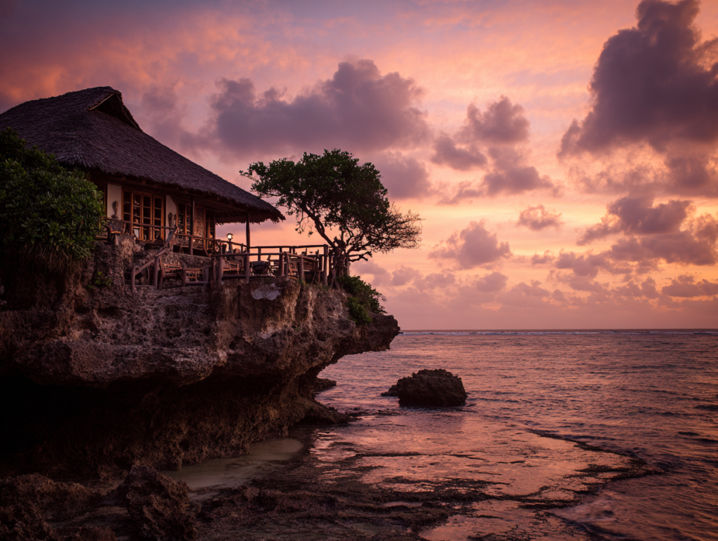 The Rock Restaurant silhouetted against the evening sky in Zanzibar