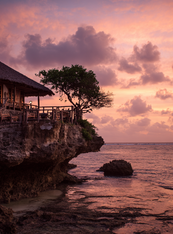 The Rock Restaurant silhouetted against the evening sky in Zanzibar