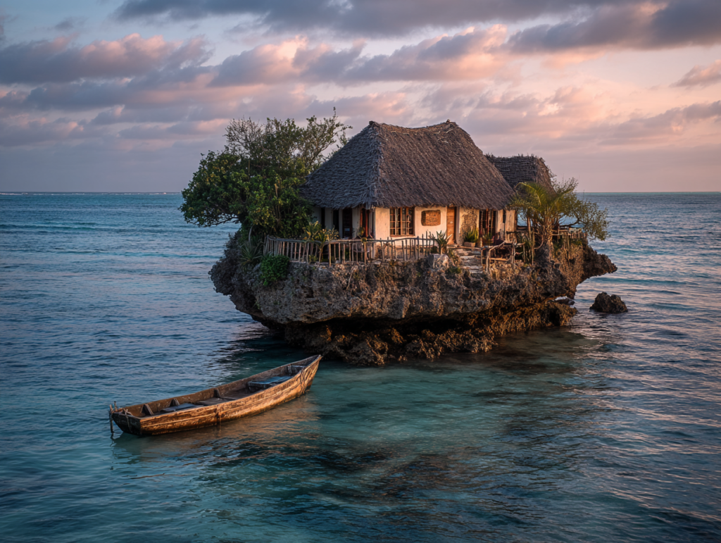 The Rock Restaurant surrounded by ocean at sunset in Zanzibar