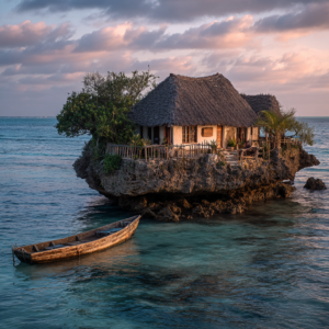 The Rock Restaurant surrounded by ocean at sunset in Zanzibar