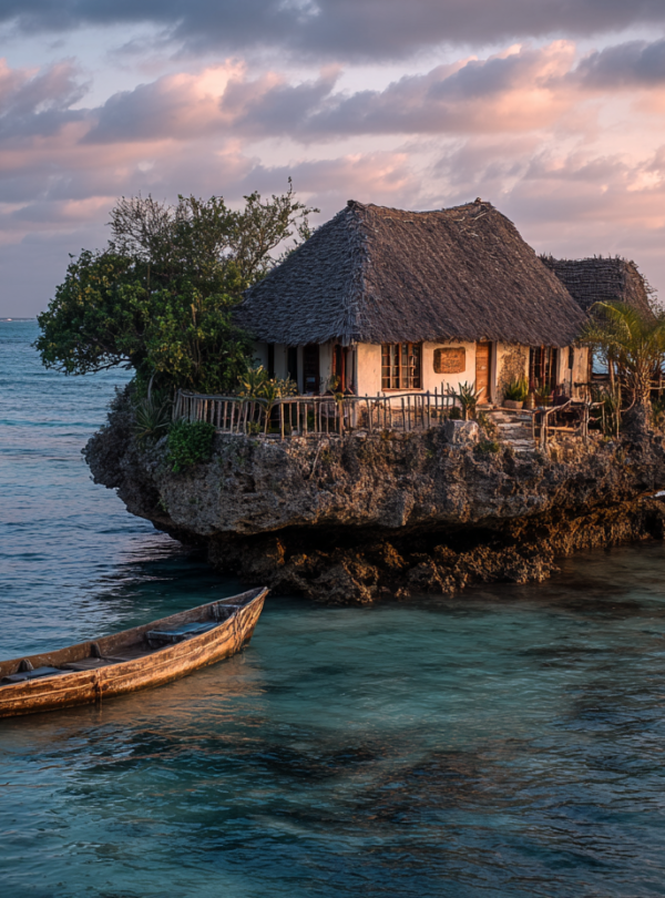 The Rock Restaurant surrounded by ocean at sunset in Zanzibar