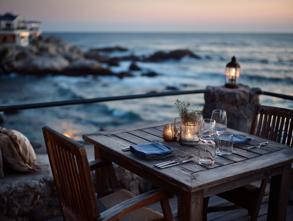 Table setting overlooking the sea at The Rock Restaurant in Zanzibar