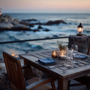 Table setting overlooking the sea at The Rock Restaurant in Zanzibar