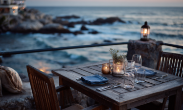 Table setting overlooking the sea at The Rock Restaurant in Zanzibar