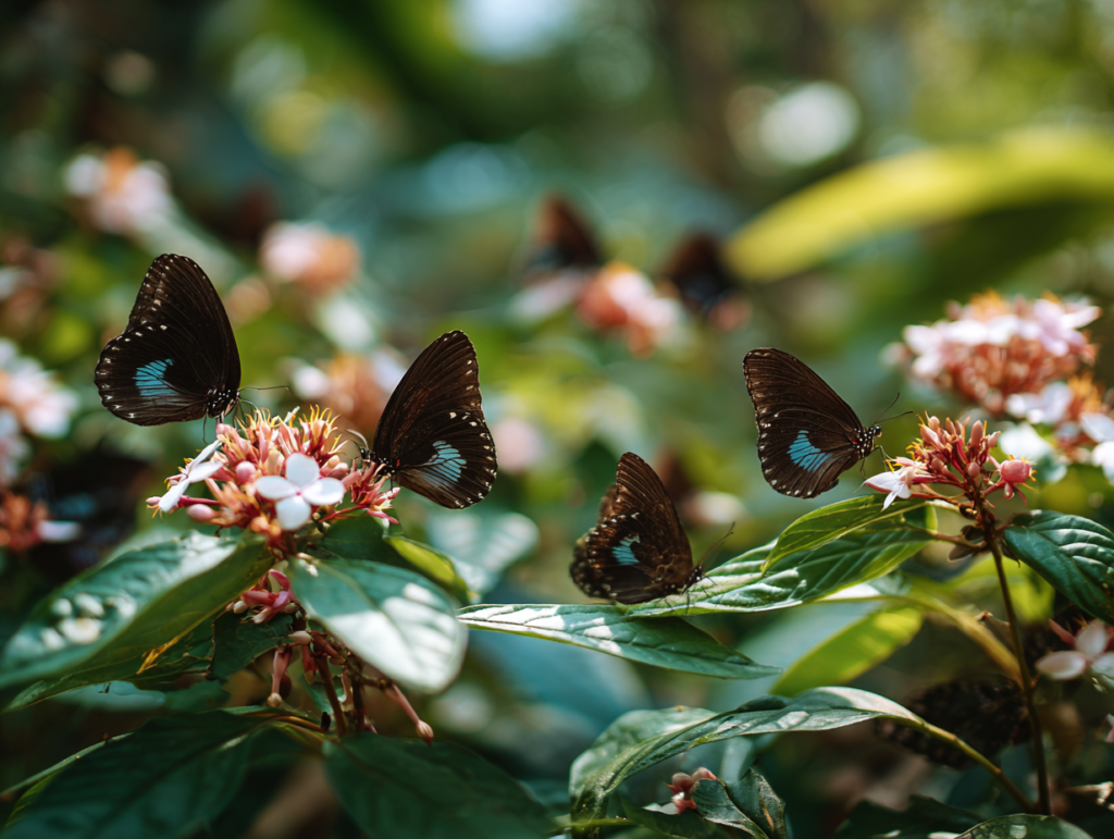 Butterflies resting on plants in a Zanzibar conservation garden