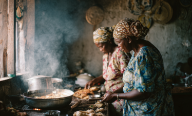 Guests cooking together with a local host in a Zanzibar home kitchen