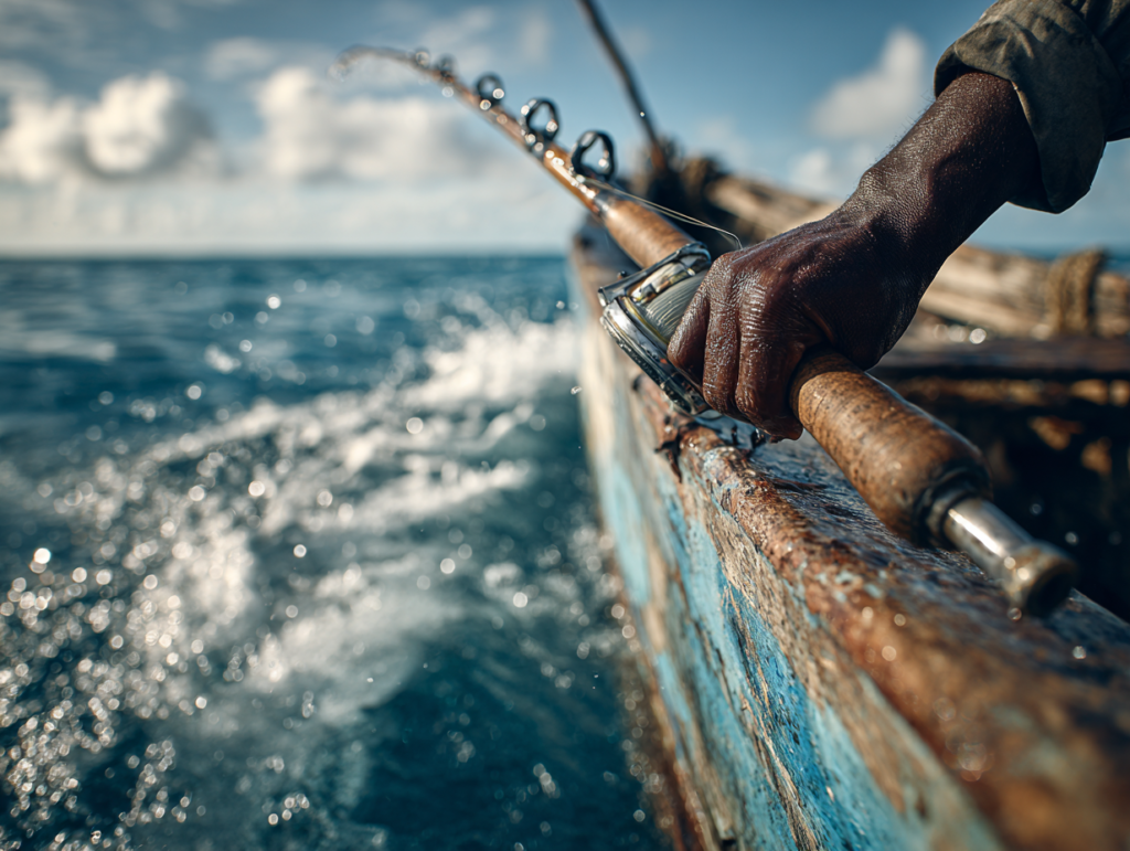 Angler fishing on the open ocean during a deep sea fishing experience in Zanzibar