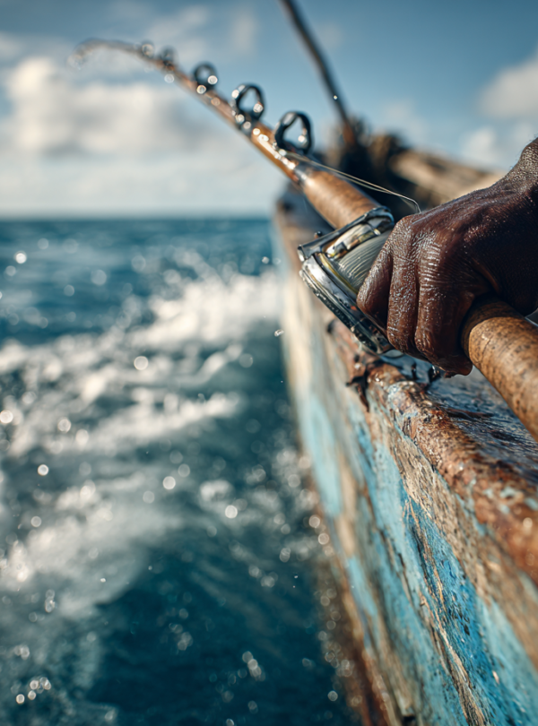 Angler fishing on the open ocean during a deep sea fishing experience in Zanzibar