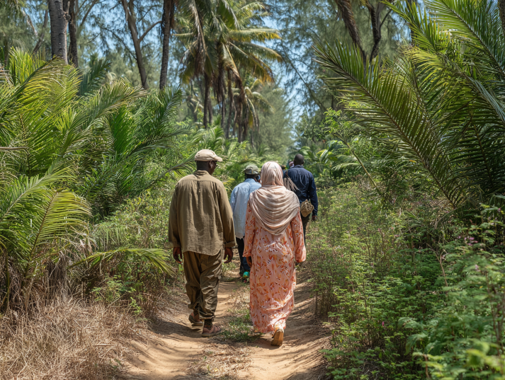 Guided walk through a shaded spice farm outside Stone Town
