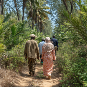 Guided walk through a shaded spice farm outside Stone Town