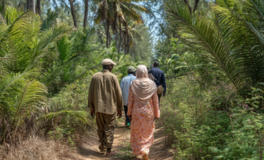 Guided walk through a shaded spice farm outside Stone Town