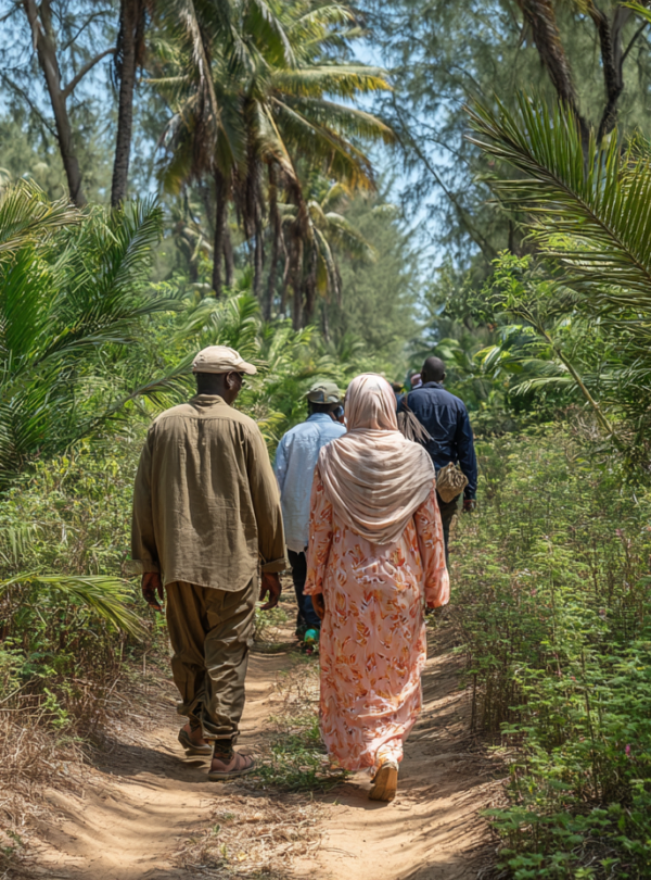 Guided walk through a shaded spice farm outside Stone Town