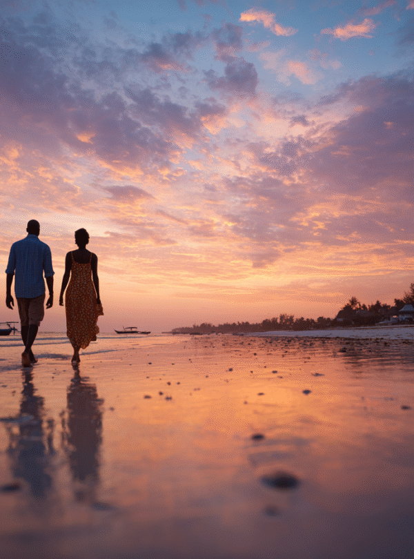 A couple walking barefoot along a Zanzibar beach at sunset, reflected in wet sand as traditional fishing boats rest offshore under a colorful evening sky.