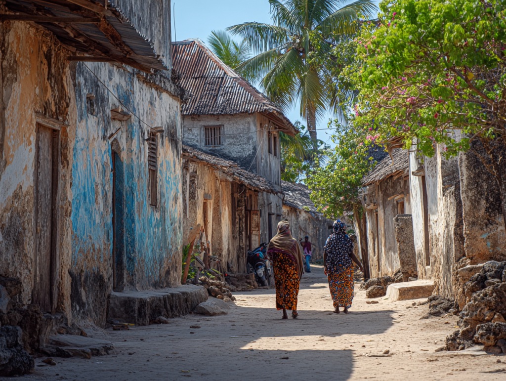 Village pathway with residents going about daily life in Zanzibar