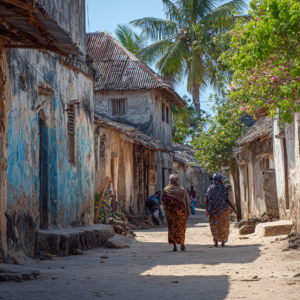 Village pathway with residents going about daily life in Zanzibar