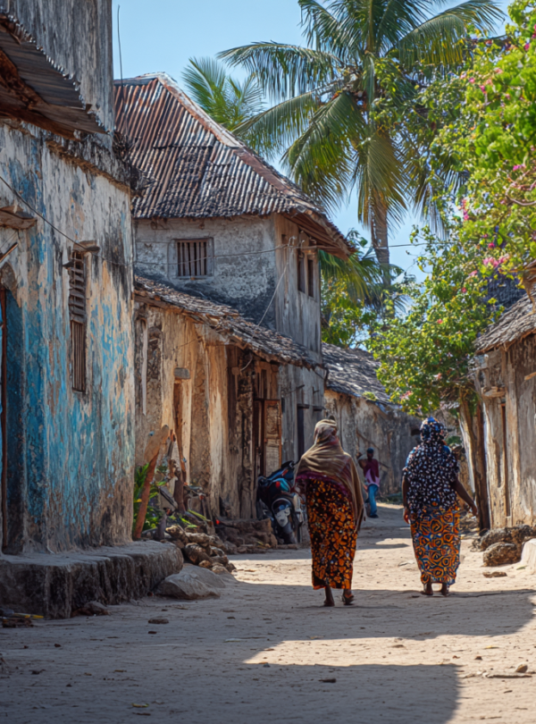 Village pathway with residents going about daily life in Zanzibar