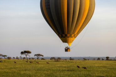 Hot Air Balloon Safari in Serengeti flying above the savannah with tourists enjoying a sunrise wildlife adventure.