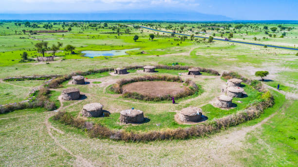 Aerial view of a traditional Maasai village near Arusha during Maasai Village Tours in Tanzania