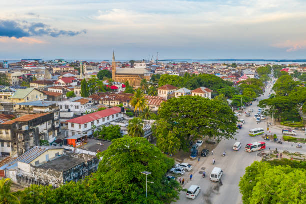 High angle sunset view of Stone Town cityscape in Zanzibar Tanzania showing the best time to visit Zanzibar for the best weather