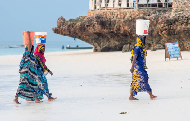 Best Beaches in Zanzibar local women collecting water at Nungwi beach