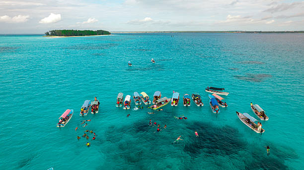 Drone view of tourists swimming with dolphins near Mnemba Island Zanzibar during the best time to visit Zanzibar for the best weather