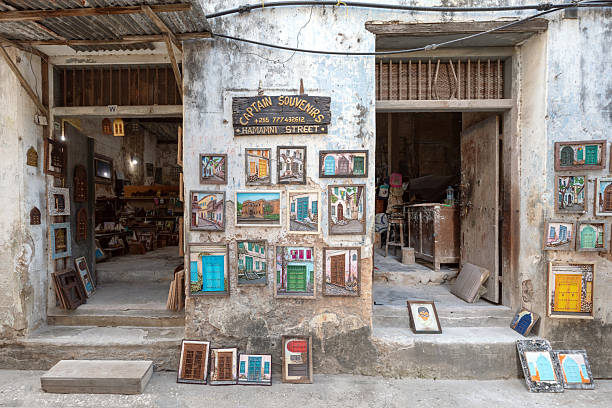 Souvenir shop in the center of Stone Town Zanzibar Tanzania showcasing authentic local crafts for Cultural Tourism in Tanzania
