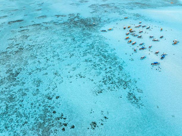 Aerial view of boats near Mnemba Island sandbank with turquoise water, one of the Best Snorkeling Spots in Zanzibar